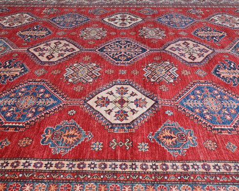 10x14 Red Kazak Afghan Hand Knotted Geometric Wool Area Rug